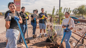 Students from Mesa High School are planting trees at Superstition Springs Transit Center