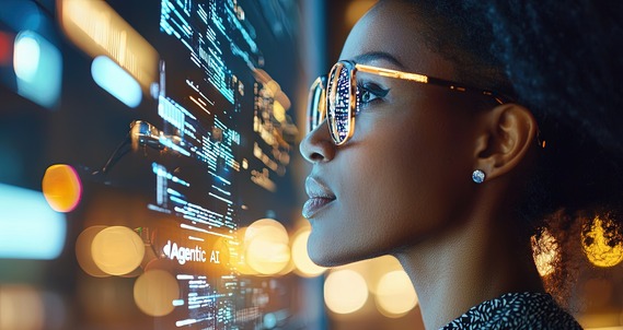 AI agents woman in front of screen