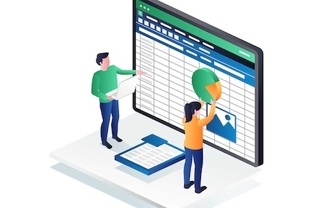 People editing spreadsheet on giant laptop