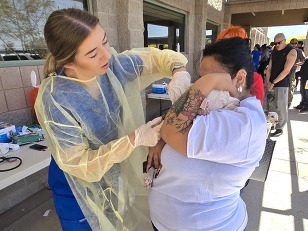 woman vaccinates dog