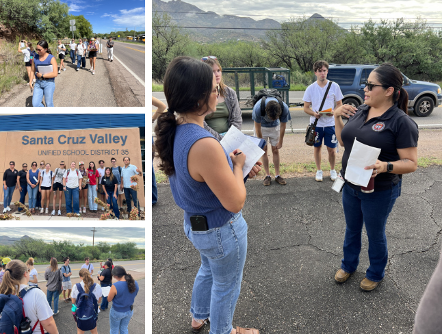 Collage of photos include county officials meeting with UofA students and walking along the walking path to designate space for trees