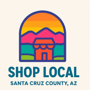 Shop Local Santa Cruz County Logo includes a house, mountains, grass, water & sunset