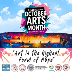 SCC Celebrates Art Month Flyer with partner logos and colorful artistic background and clouds
