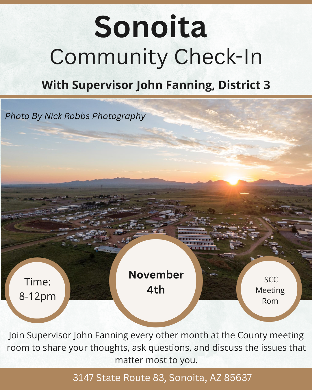 Flyer for upcoming event with Supervisor Fanning, full details below in the calendar of events.  Include a photo of sonoita landscape