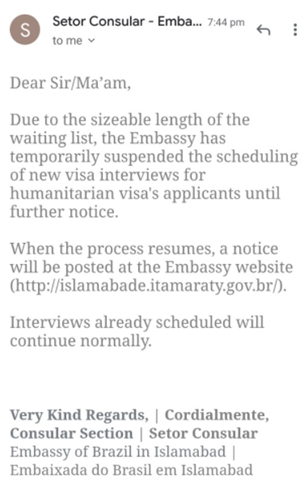 Response from Brazilian embassy in Pakistan