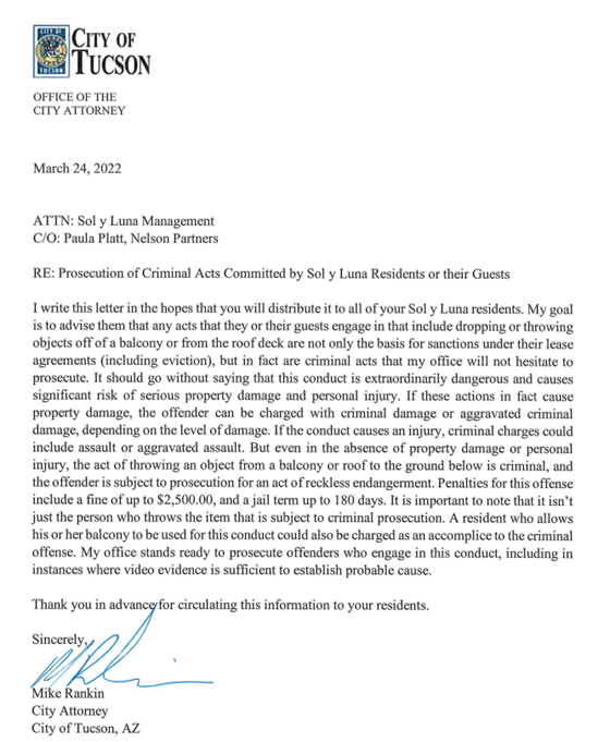 Letter from the City Attorney's Office to Sol y Luna Management