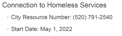 Connection to Homeless Services Telephone Number