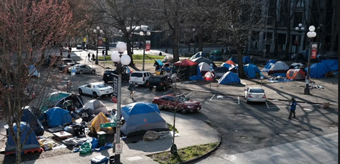 Seattle streets and sidewalks filled with homeless camps and lots of garbage
