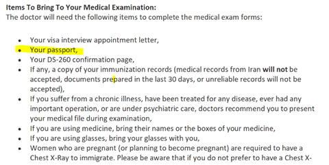 List of items to bring to medical examination