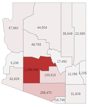 Map showing number of COVID cases in Arizona by county for this week