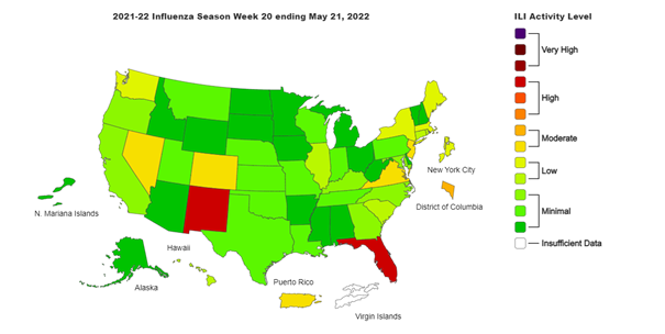 Map of Influenza Season Week 20 ending of May 21, 2022