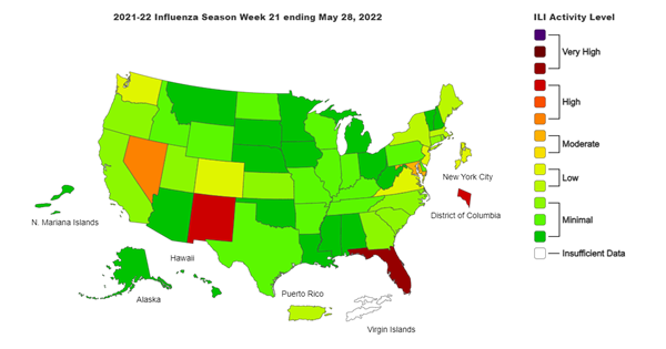 Map of Influenza Season Week 21 ending May 28, 2022