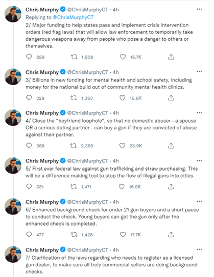 Picture showing some tweets about gun-related measures from Senator Chris Murphy's 