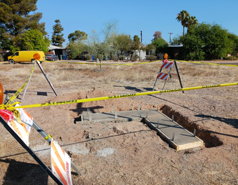 Picture showing the foundation of the bench was poured at San Gabriel