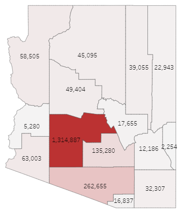 The county-by-county map showing cumulative COVID cases in Arizona