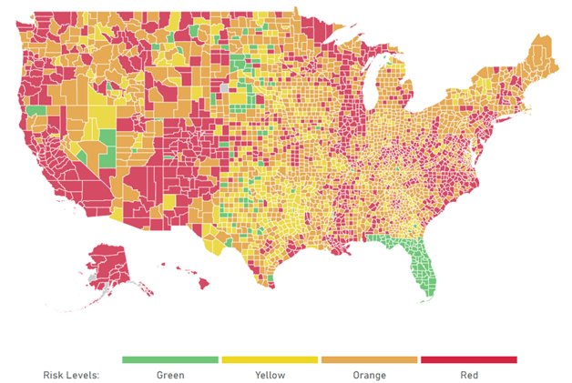 The Harvard Global Health Care risk level map this week
