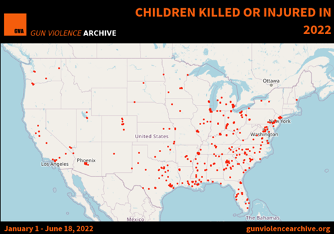 Map showing where children have been killed or injured due to gun violence in 2022