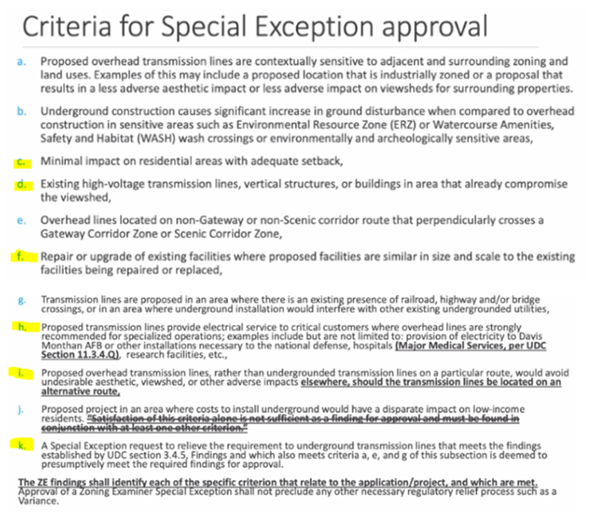 List of criteria for special exception approval