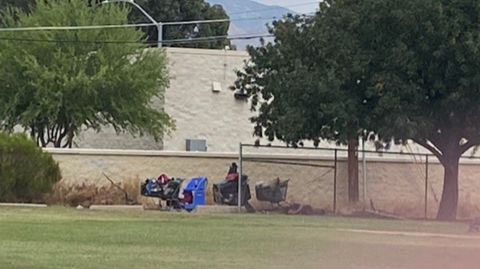 Picture showing some carts and unhoused people's belongings in the park 