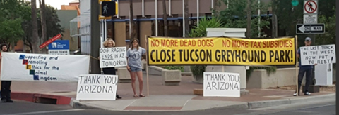 Picture of some people showing appreciation for the closure of Tucson Greyhound Park