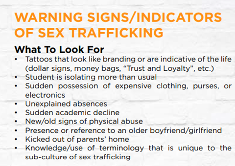 Warning sign of indicators of sex trafficking's