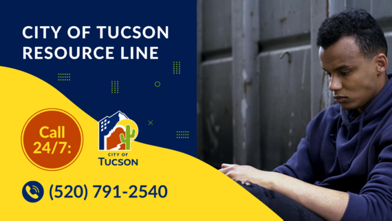 City of Tucson Resource Line, phone number, City of Tucson logo, picture of a young man looking upset
