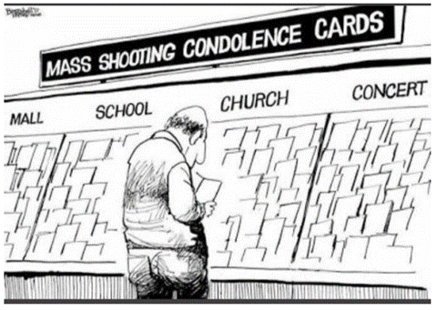 Cartoon picture of a man standing in front of a card selection isle in a store and the header reads MASS SHOORING CONDOLENCE CARDS