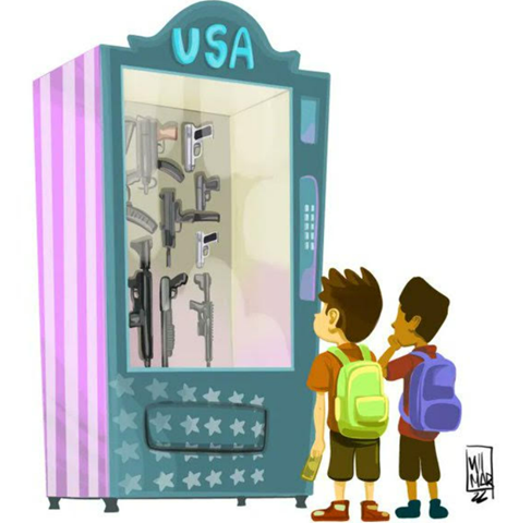 Picture shows illustration of two kids are looking at gun vending machine