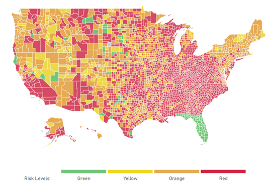 The Harvard risk level map county by county