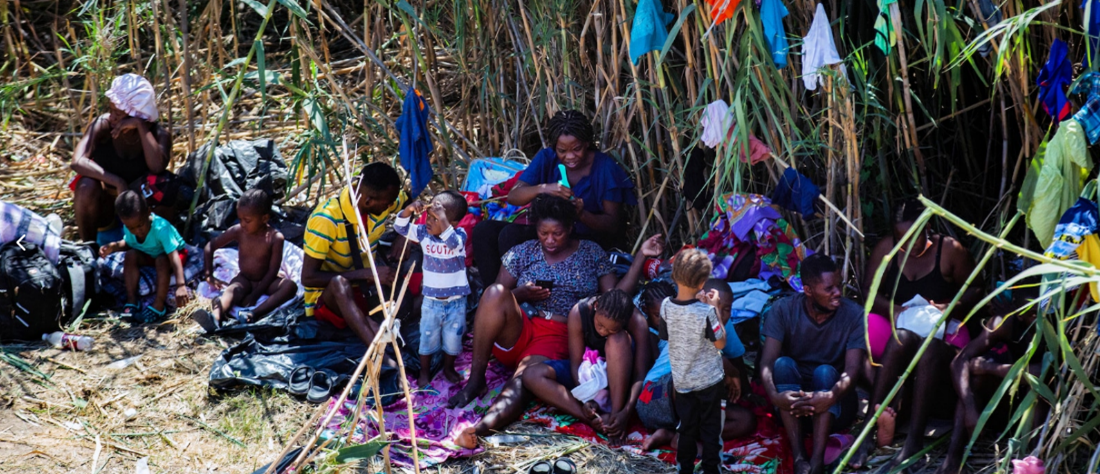 Picture shows several migrants stay underneath the trees