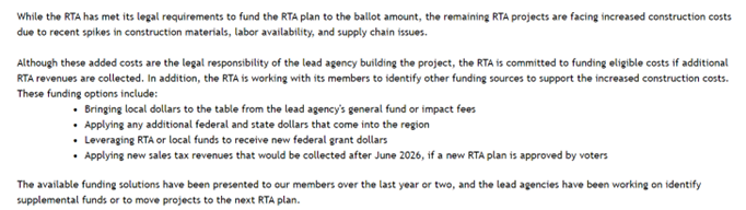 Picture shows one of sections from the RTA update on their revenue predictions and funding obligations