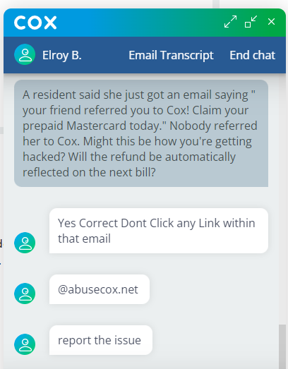 Picture shows conversation with the bot from Cox Customer Support & Help