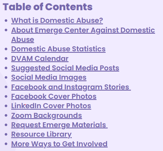 Table of Content for Domestic Violence Awareness Month toolkit