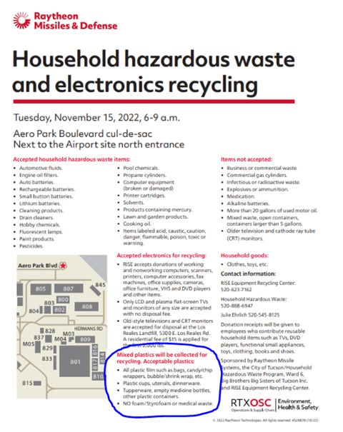 Picture of Raytheon's Household Hazardous Waste and Electronics Recycling Event Flyer