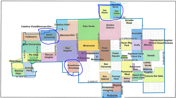 Picture of Ward 6 map with circles for some neighborhoods that would be moved to another Ward