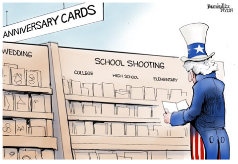 A cartoon shows a man with the U.S flag color costume stand in front of cards section for school shooting 