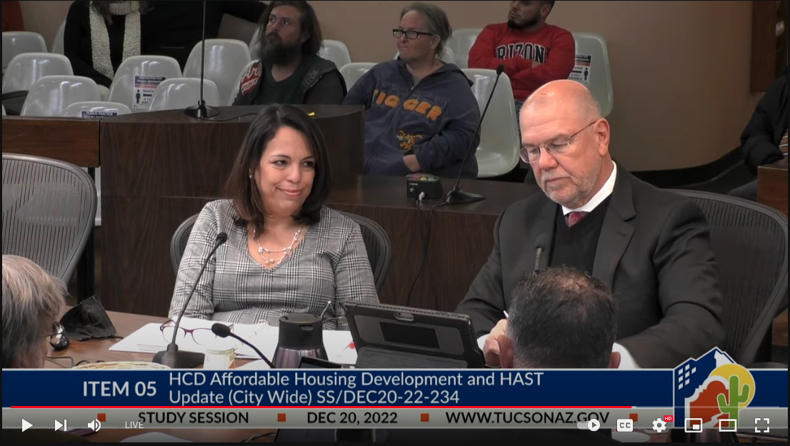 Screenshot from the Mayor and Council Meeting showing HCD Director, Liz Morales, and City of Tucson Manager, Michael Ortega.