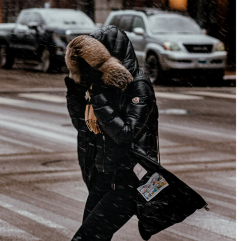 Picture of a lady walk in the street during the winter storm in Chicago