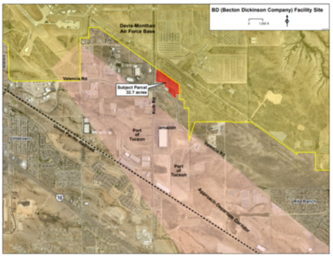 Map shows location of the manufacturing plant scheduled to go in immediately adjacent to the Davis Monthan runway