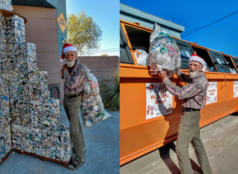 Picture of older man with a white beard wearing a Santa hat holding a bag of plastic for recycling