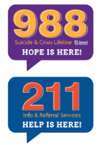 1st quote bubble with the 988 number for the suicide & crisis lifeline. 2nd quote bubble with the 211 number for info & referral services