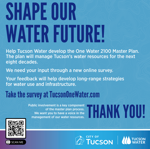 Flyer from Tucson Water on shaping our water future, and taking the survey at TucsonOneWater.com