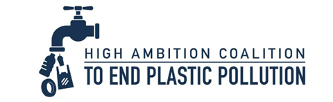 Picture of a faucet dripping out examples of plastic with the words 'High Ambition Coalition-to end plastic pollution'