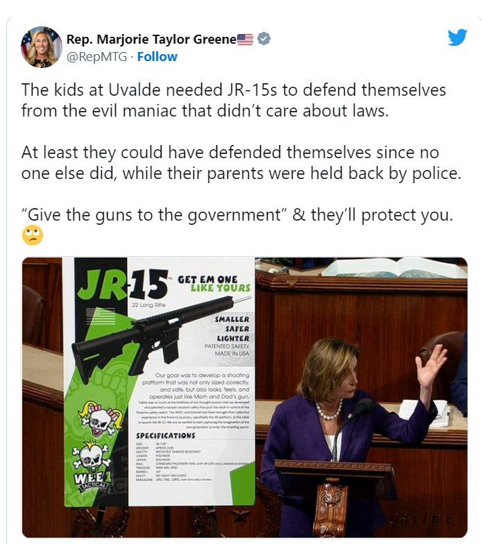 Picture shows tweet from Marjorie Taylor-Greene in response to the the Robb Elementary School mass shooting