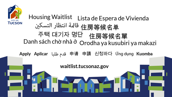 Housing Waitlist word cloud in various languages, and the word apply at the bottom with the website waitlist.tucsonaz.gov