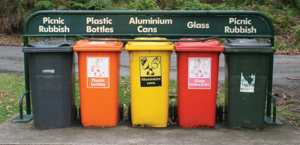 Picture of 5 different bins for recycling