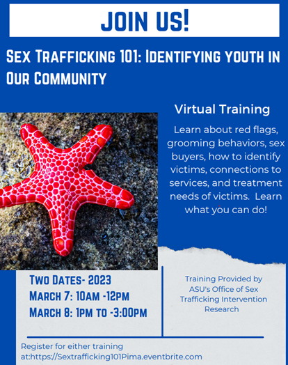 Sex Trafficking 101 flyer that shows a red star fish with a blue background