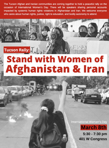 Stand with Women of Afghanistan & Iran flyer showing women in a rally in the streets
