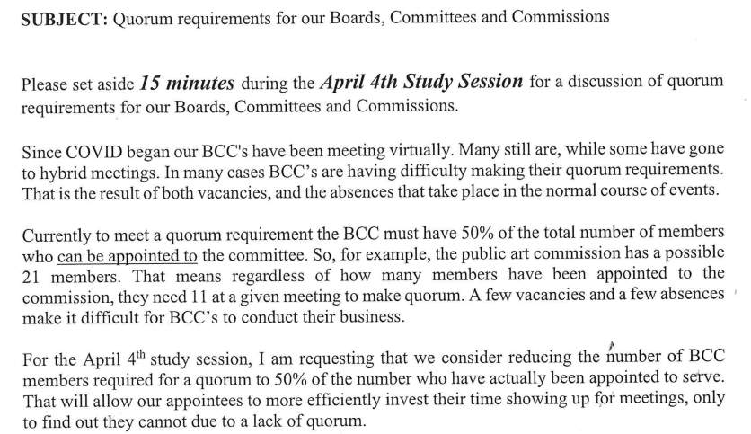 Picture of the study session item request for Quorums on Boards, Committees and Commissions (BCC’s) 