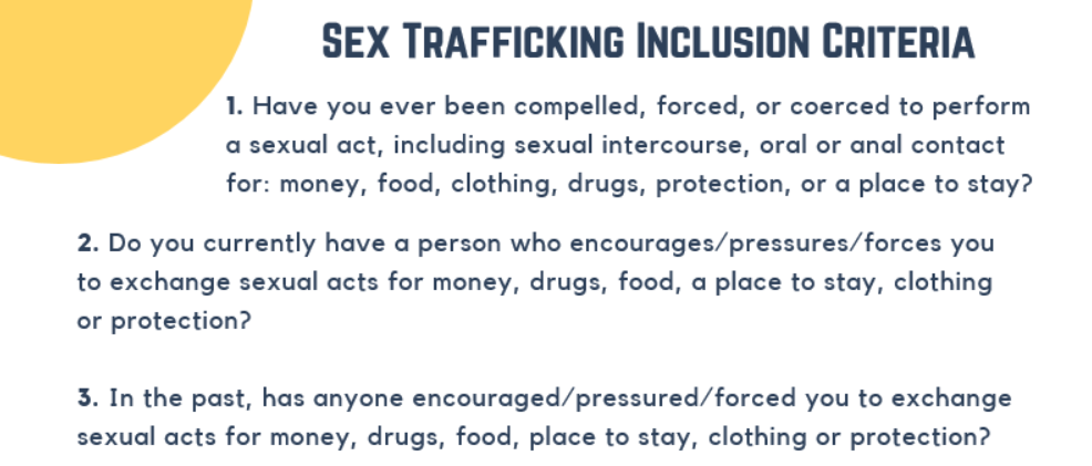 Information sheet with Sex Trafficking Inclusion Criteria